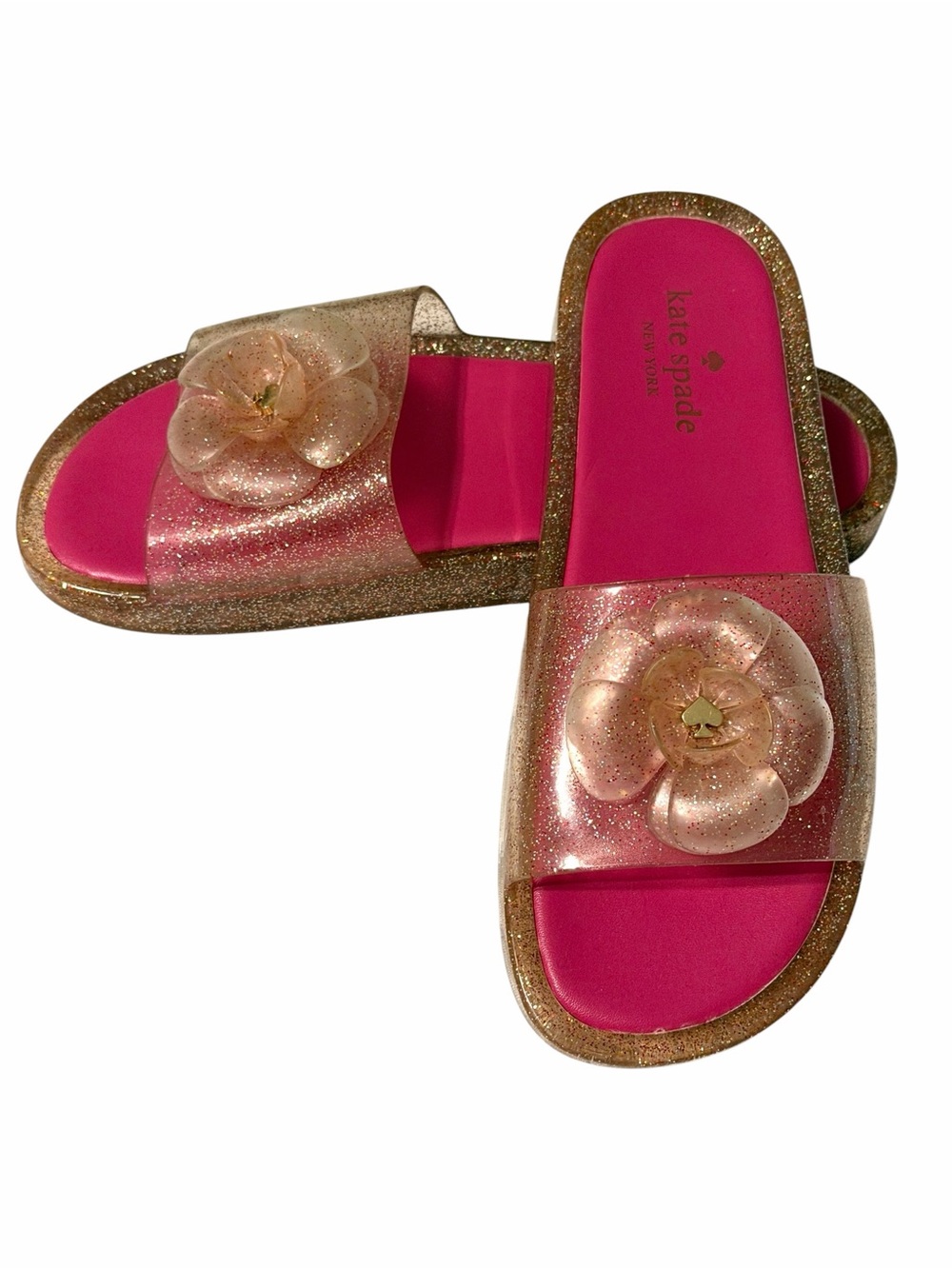 KATE SPADE Hot Pink & Gold Glitter Jelly Slides / Sandals Flower Accent Size 9
